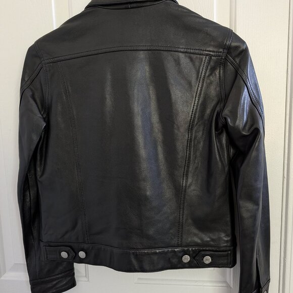 Lucky Brand Button Up Trucker Jacket 100% Lamb Leather Women’s S Black - Picture 2 of 2